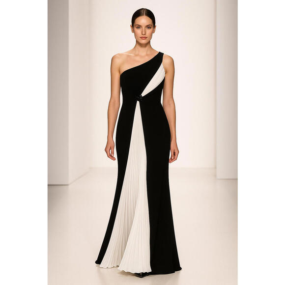 Ivonne D Mon Cheri Bridal Black White One Shoulder Gown $2,800 Prom MOB sz 6 - Picture 1 of 2